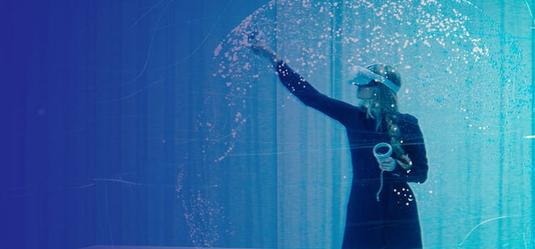 An women wearing VR and touching the doted lines with her finger.