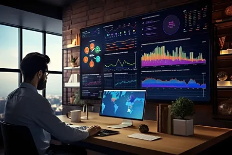 A man working at workstation on dual screen system