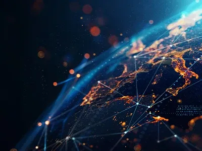 Nodes are connected through lines on a visual earth