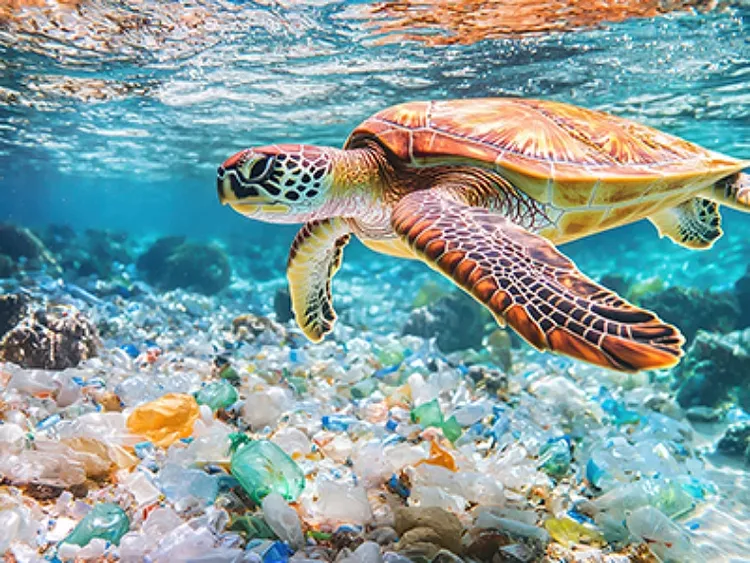 Green sea turtle swimming above colorful plastic waste on ocean floor