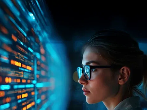 A woman looking at a digital screen display