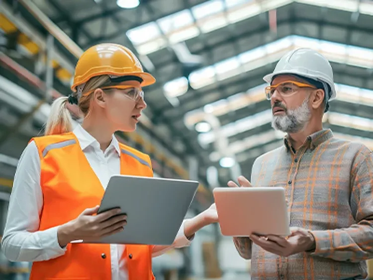 Two colleagues in hardhat having a conversation in an manufacture environment.