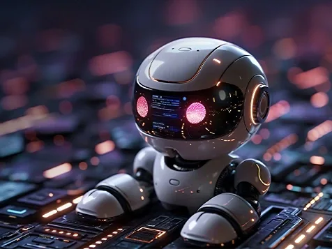 A robot perched on a computer motherboard, showcasing a blend of technology and robotics in a digital environment.