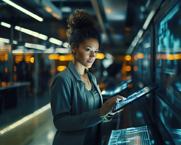 Mujer monitorizando los valores de datos en pantalla