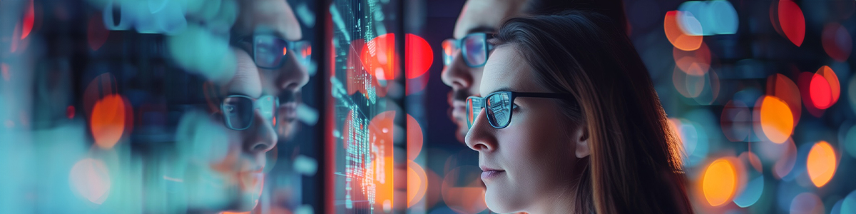 Side angle view of woman and man looking at computerized large screen.