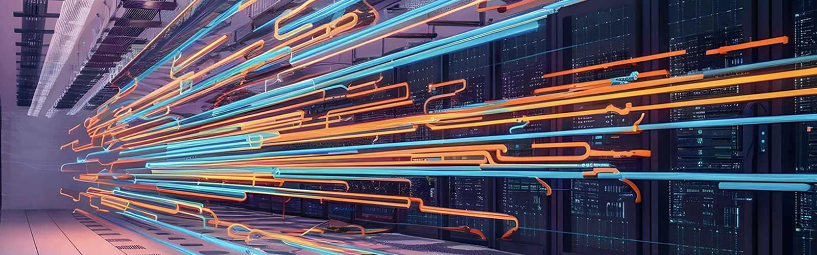 Abstract image of straight led-lit tube like lights in a server room