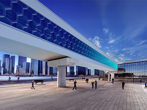 Outside view of a skyway bridge on a bright day.