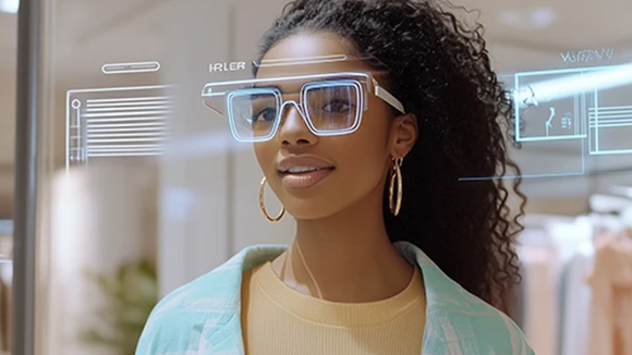 A femai retail shopper using augmented reality glasses