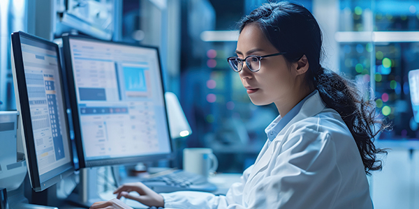 A lady wearing a white lab jacket, sitting in front of two computers and working