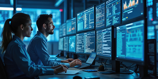 Two individuals focused on their computers, surrounded by multiple monitors displaying various data and information.