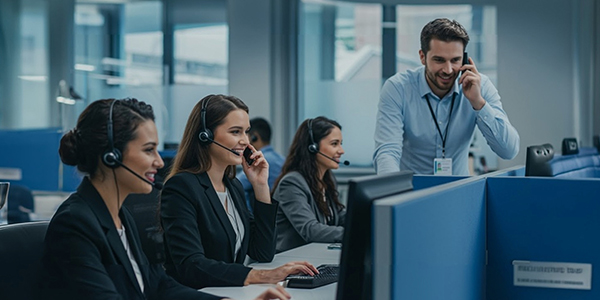 cheerful call centre employees wearing headsets speaking to customers at workplace