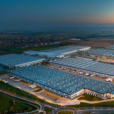 Aerial view of high tech corporation buildings.