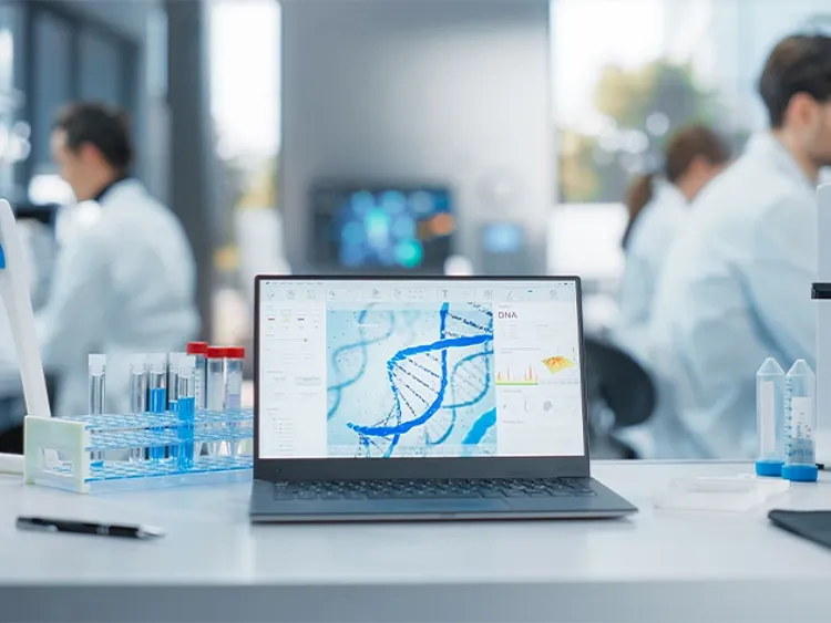 A laptop resting on a table in a lab, with various tools and materials visible in the background.