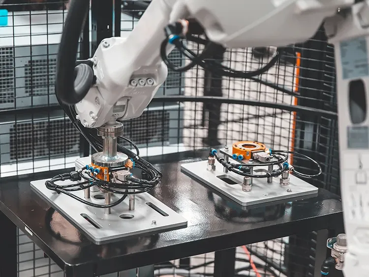 An assembly robotic arm working on hardware.