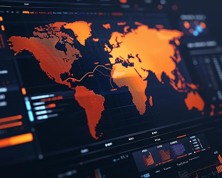 High-tech interface showcasing a world map with data visualization in orange hues and digital elements.