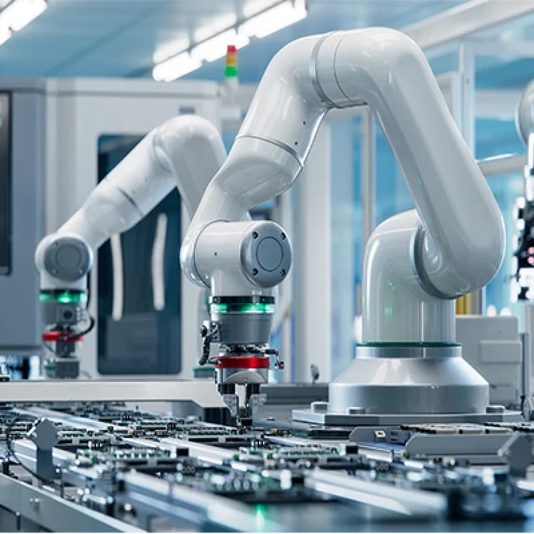 Robotic arms working on assembly line.