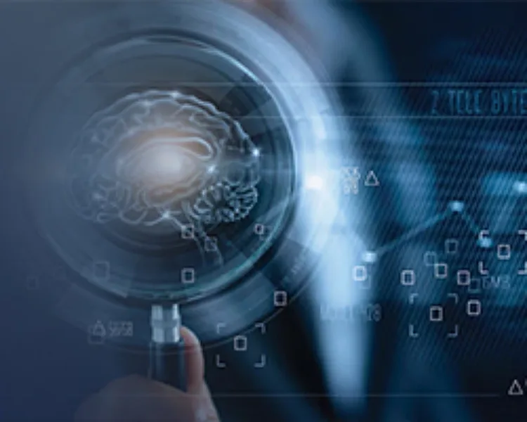 A magnifying glass held over an image of a digital brain.