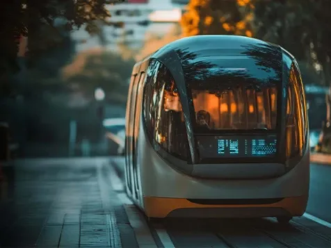 A modern train glides through a city street, with tall buildings and pedestrians visible in the vibrant urban setting.