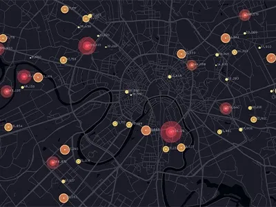 A red and yellow color nodes mapped in a black map