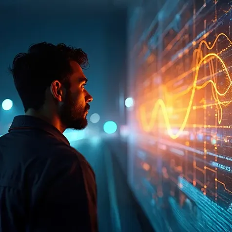 A man studying a digital screen displaying line graphs.