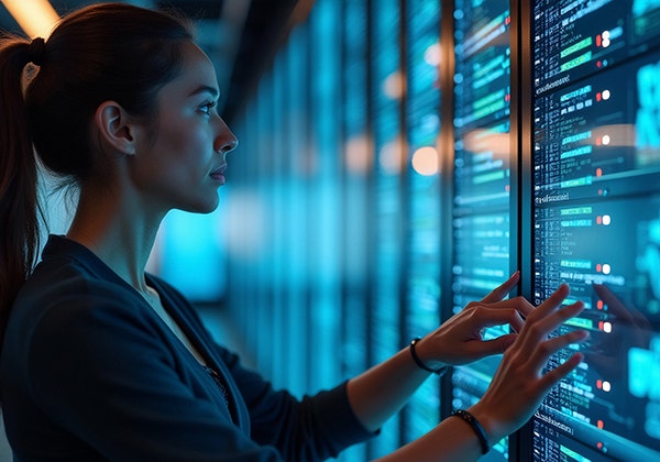 A woman looking at datacenter computerized screens.