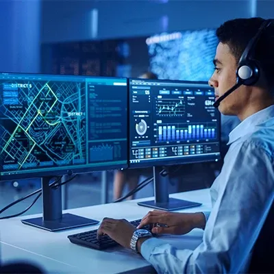 Data scientist in headset works at computer in control room.