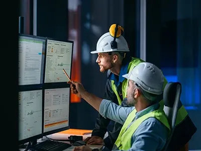 Two workers wearing helmets and hazard jackets looking at a muti-screen display in an office