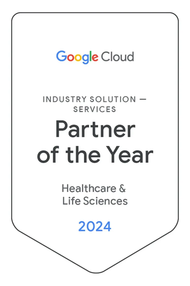 Badge which says Industry Solution Services Partner of the Year Healthcare & Life Sciences 2024