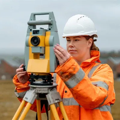 Engineer calibrates total station under cloudy sky.