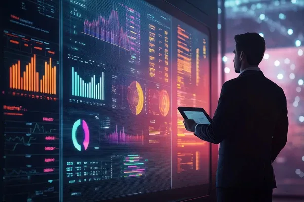 A man in a suit examines a data screen