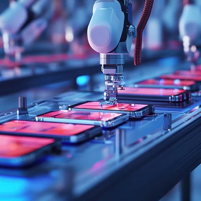 Assembly line of robotic arm working on mobile phones.