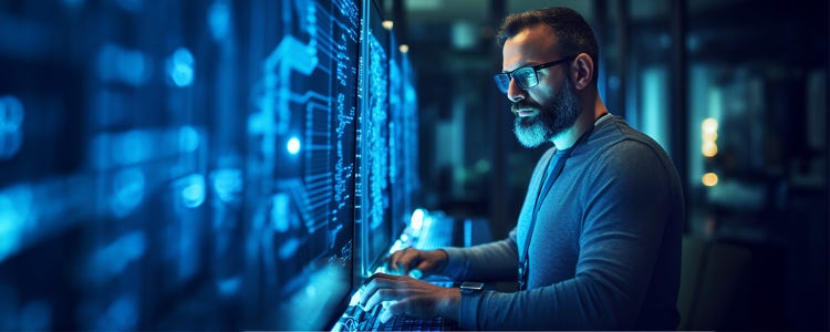 A bearded man wearing glasses, looking at a digital display screen and working on a keyboard.