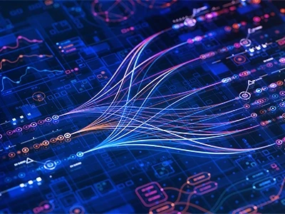 Color wires on a computerized motherboard.