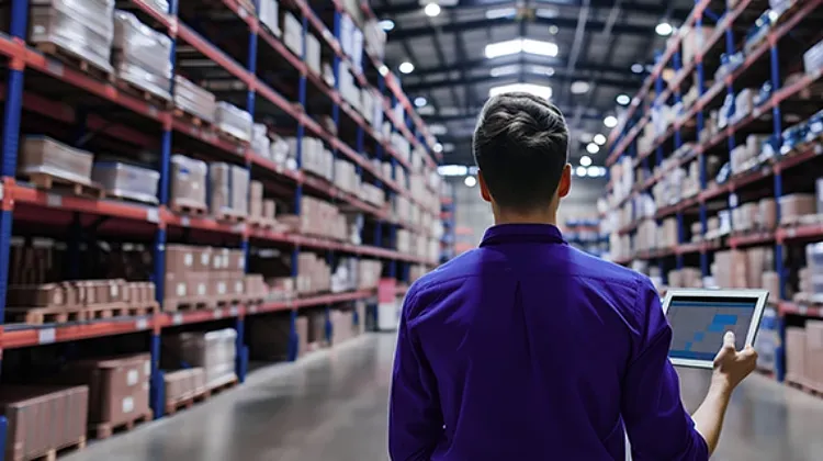 Back view of a man looking out at warehouse aisle.