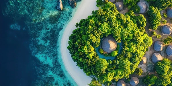 A lush beach by a clear blue ocean