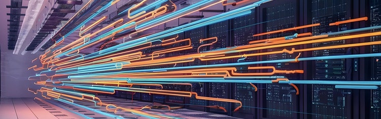 Abstract image of straight led-lit tube like lights in a server room