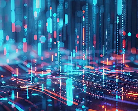Abstract digital data streams with glowing neon network lines.