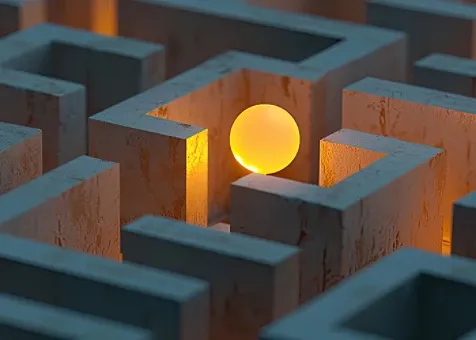 Glowing sphere inside a concrete maze representing navigation and complexity