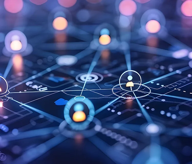 Abstract picture of digital logos over a blue digital board like structure