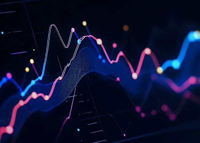 An abstract image of colorful neon light waves against a dark background