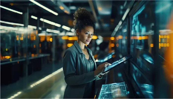 A professional woman in a suit looks at a tablet, representing advancements in user engagement and response efficiency