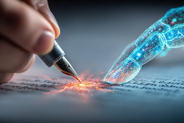 A hand holding a pen writes on a sheet of paper illuminated by a soft light source.