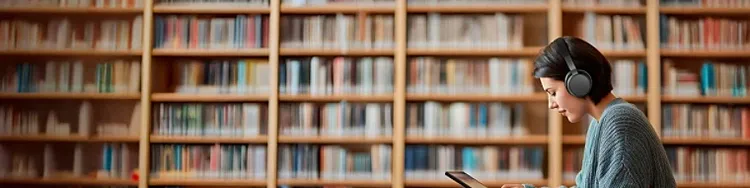 A girl reading a digital book in a library wearing a headphone