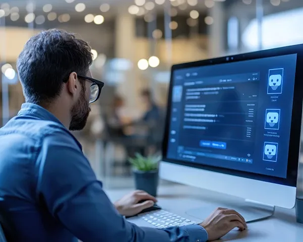 A professional monitors a chatbot conversation on a computer screen, uses agentic AI for efficient and accurate customer service