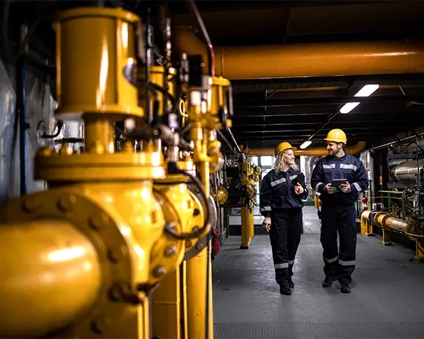 Oil and gas refinery workers walking by gas pipes and checking distribution and consumption over digital platform