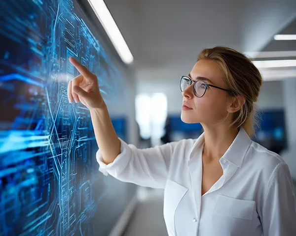 Woman interacting with agentic AI hologram whiteboard for automated routing -innovation-future of work