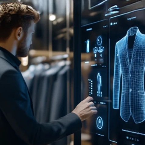 Person interacting with digital clothing design interface in retail store