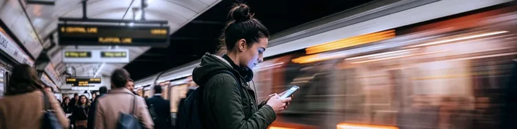 Person standing on a subway platform looking at a phone as a train rushes past.