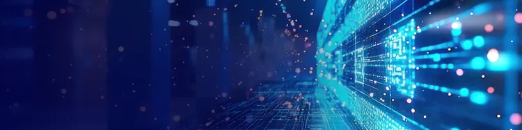 Abstract image of blue digital screen with streams of digital lights