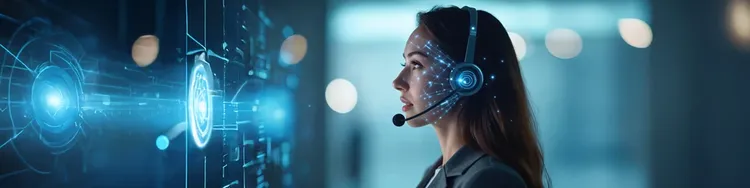 A woman wearing a headset is looking at a screen, appearing concentrated on her digital interaction.